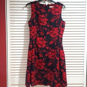 Eva-Mendes Midi Dress by NY & Co. Black w Red Flowers EUC Asymmetrical HP